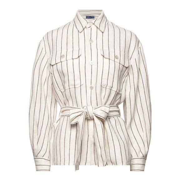 RALPH LAUREN NWT Linen Striped Belted Utility Shirt Jacket in Cream Brown Size 6 - Picture 3 of 13